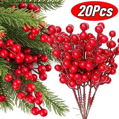 Chritsmas Decor Red Berries Simulation Berry Branches Cherry Stamen For Home Xmas New Year Gift Wedding Flower Wreath