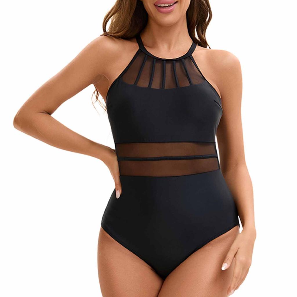 Women's Sleeveless Netting One-Piece Swimsuit, Color Sexy Backless Design, Tight-Fit Summer Beach & Pool Swimwear