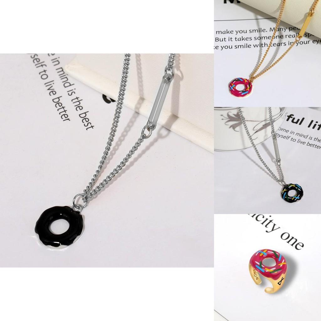 Stylish Korean Creative Sweet Donut Necklace And Ring Set With Unique Design And High Quality Craftsmanship For Fashion Enthusiasts