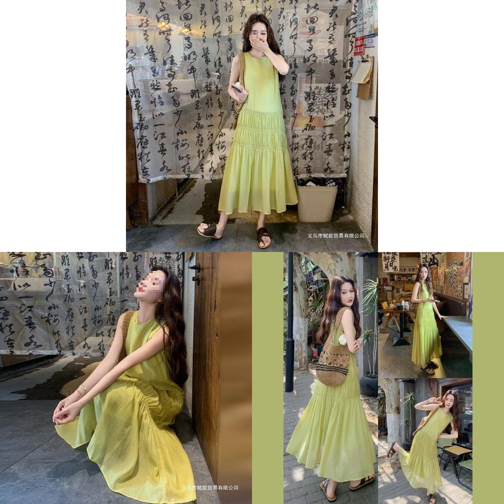 French Coastal Green Maxi Dress With Sleeveless Design For Summer Casual Wear