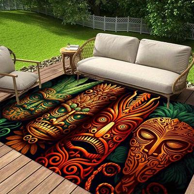 1pc Tiki Mask Pattern Area Rug Soft Flannel Floor Mat for Living Room, Bedroom and Carpet, Sofa Coffee Table Floor Mat, Machine Washable