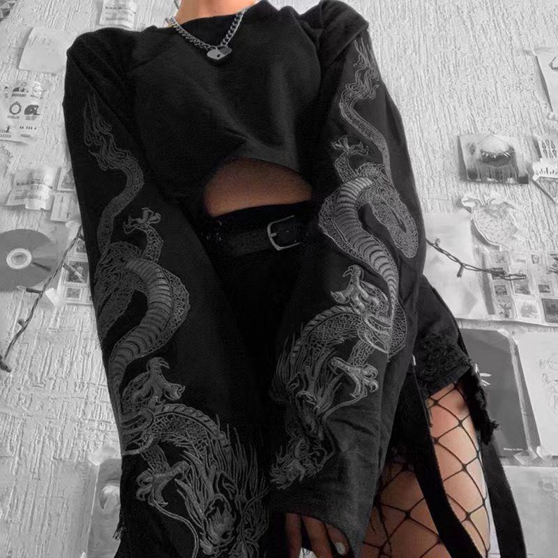 2024 Dark Style Dragon Pattern Women's Crop Top Sweatshirt - Hip Hop Loose Long Sleeve