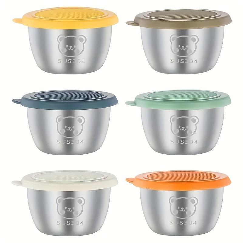 

6Set Silver304Stainless steel sauce cup with lid Reusable Leak-Proof Plastic Lid Seasoning Cup Salad dressing container Barbecue Sauce 6Different colored sauce