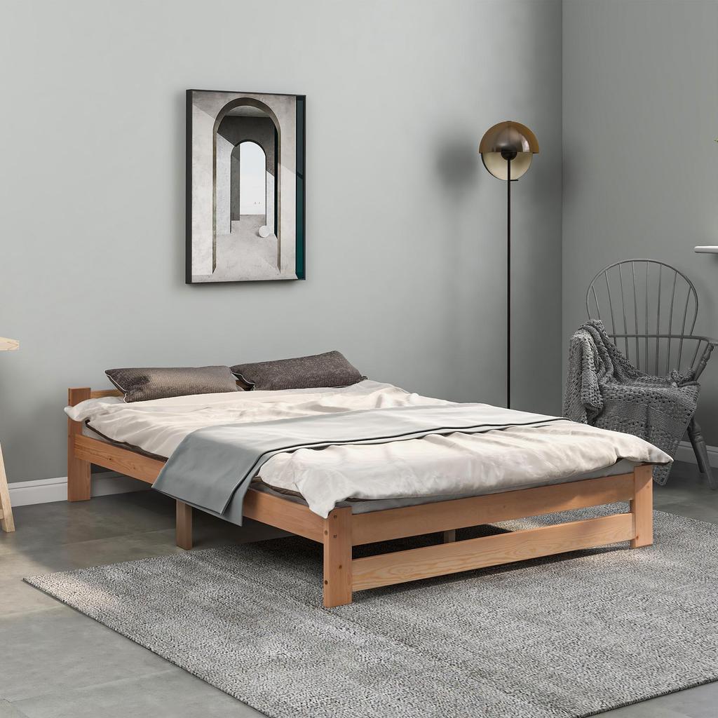 Flieks Solid Solid Wood Bed with Headboard and Slatted Frame, Natural (200x140cm)