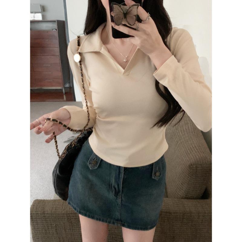 Real Shot Collar PO Shirt Long-sleeved T-shirt Women's Season Slim-fit Short Inner Bottom Shirt Top