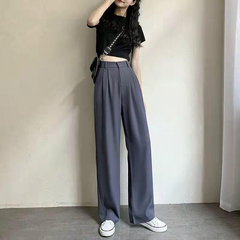 Gray High-Waisted Wide-Leg Pants for Women - Spring Plus Size, Drapey Straight Casual Suit