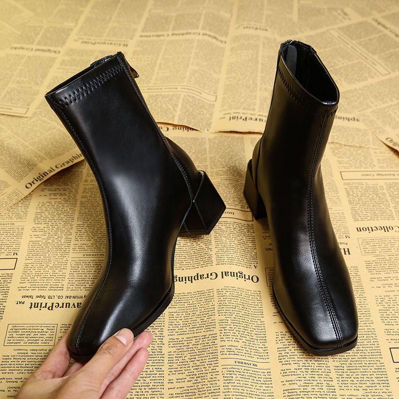 

Square Toe Chunky Heel Ankle Boots 2025: New Fleece-lined Slim Black Martin Boots for Autumn/Winter. 40