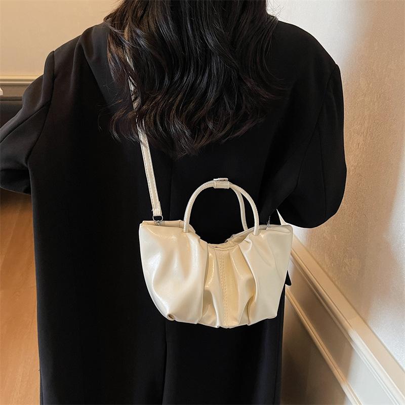 Vintage Pleated Design Women PU Leather Shoulder Bags Solid Color Ladies Small Bucket Tote Simple Female Crossbody Bag Handbag