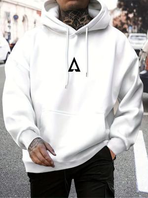 Autumn Fashion Loose Tops Print Hooded Polyester Men's Sweatshirt Simple Casual
