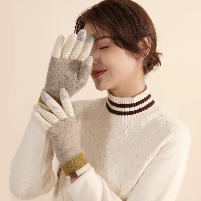 Adult Wool Thermal Gloves Winter Outdoor Cold Gloves Wind Versatile Contrasting Knitted Gloves Women