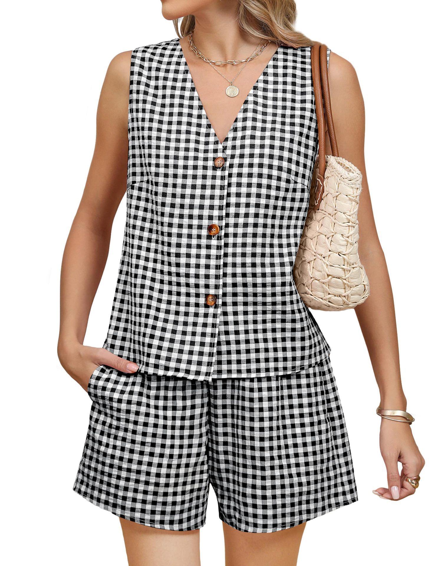 Cross-border Amazon 2025 women s spring and summer retro plaid v-neck suit plaid suit vest elastic waist shorts S