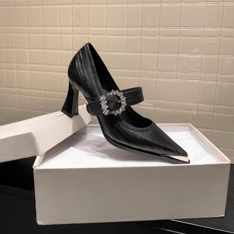 Fashion Rhinestone Buckle High Heels Autumn New Fashion Pointed Toe Shallow Mouth Temperament Simple Soft Leather Single Shoes Women