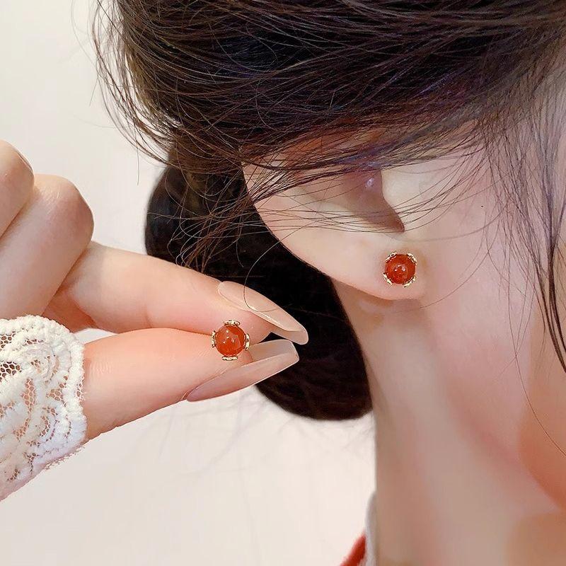 

925 Silver Needle Red Agate Ear Studs Retro Exquisite Small Western Style Ear-Caring Niche Style Fancy Frosty Style Earrings Gold