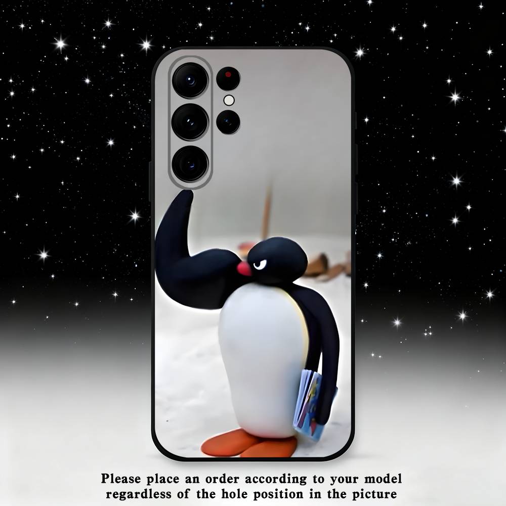 Cute P-Pingu Penguin Phone Case For Samsung S25,S24 Ultra,S20,S30 plus,S22 plus,S23,S30 Ultra 5G Silicone Black Shell