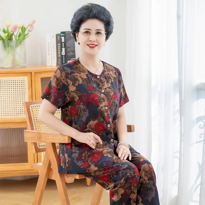 Women's Floral Print Two-Piece Set Short Sleeve Button-Down Top Pants Casual Outfit for Elderly
