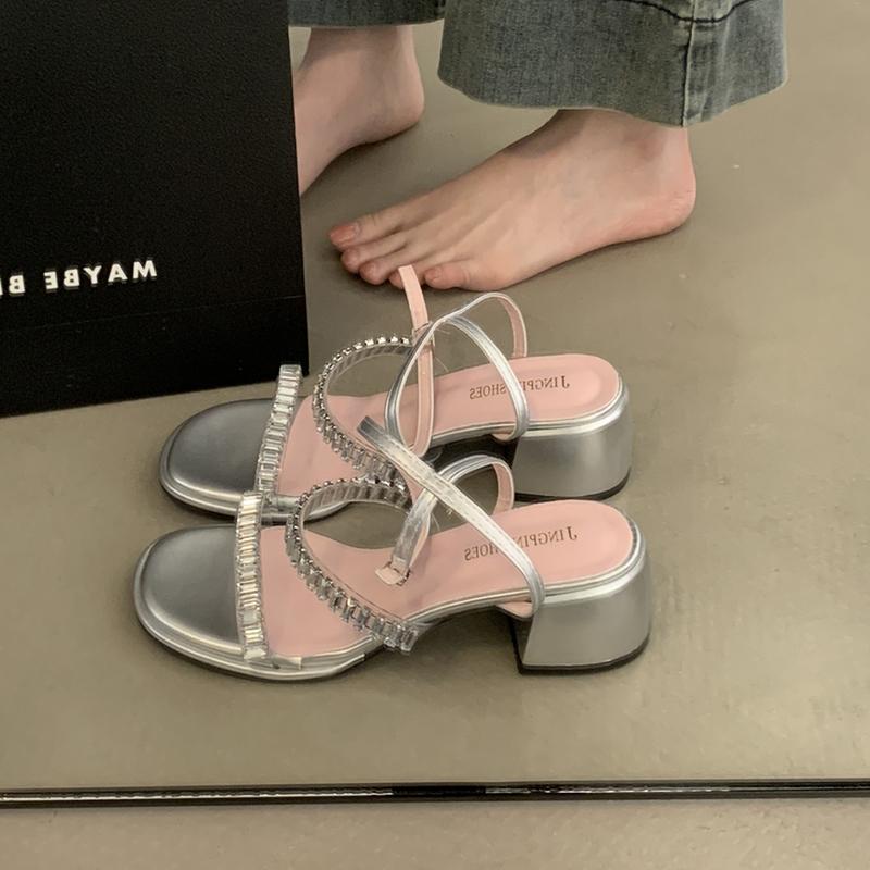 Fashion Women's Summer Gladiator Sandals Fashionable Crystal Narrow Band Footwear Ladies Thick Heel Sandalias