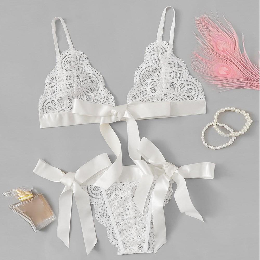 Women Bra Sexy Underpant Scalloped Trim Tie Side Lace Set Lingerie Bow Babydoll