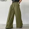 INCERUN Men Zip-up Elastic High Waist Trousers Casual Long Wide Legs Pants