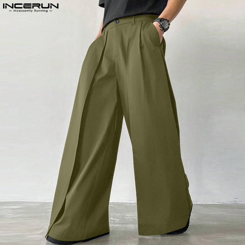 INCERUN Men Zip-up Elastic High Waist Trousers Casual Long Wide Legs Pants