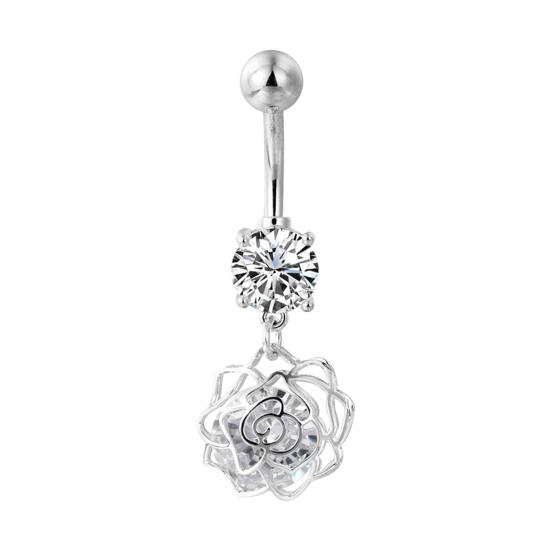 Belly Button Rings Stainless Steel Hollow Flower Dangle Body Piercing Jewelry Rhinestone Navel Ring for Women