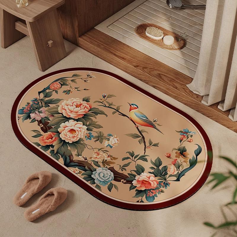 Traditional Chinese Style Elegant Bathroom Floor Mat Absorbent Diatomite Durable Stain Resistant Non Slip Entrance Mat For Bathroom