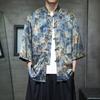 Chinese style ice silk seven-quarter-sleeved shirt men's Tang suit buckle Hanfu large size printed short-sleeved shirt ethnic style