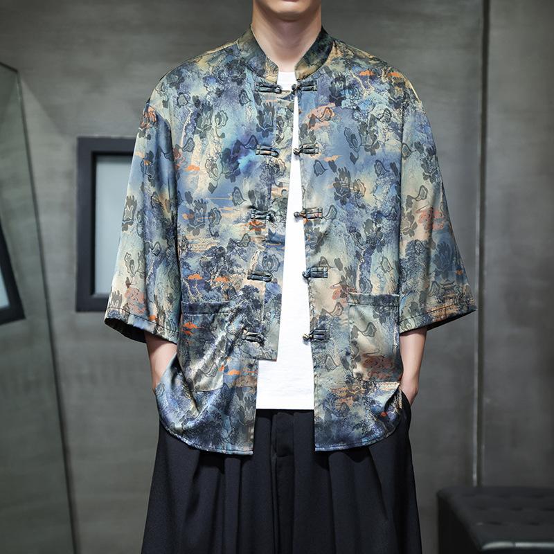 Chinese style ice silk seven-quarter-sleeved shirt men's Tang suit buckle Hanfu large size printed short-sleeved shirt ethnic style