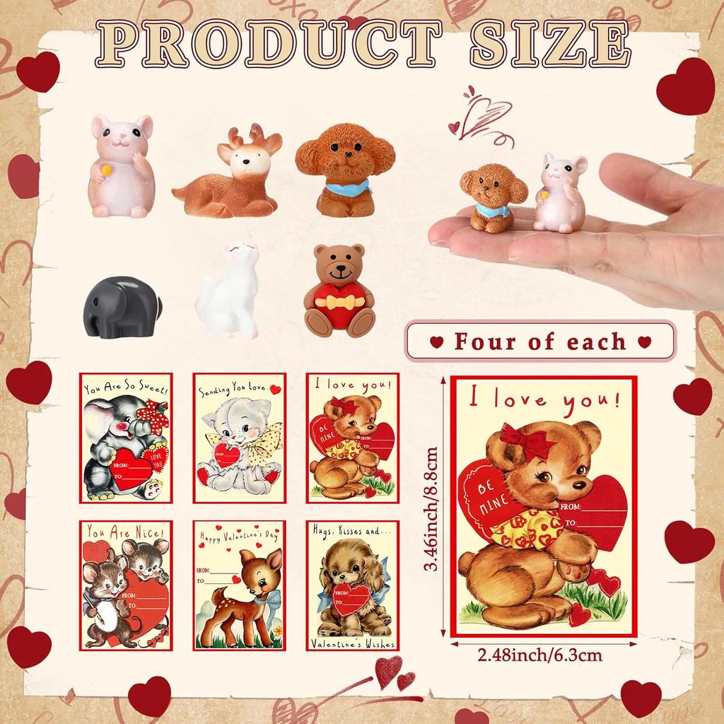 24 Sets Vintage Valentine's Day Cards with Resin Animal Figurines Mini Valentines Figures Bulk Retro Party Gifts Classroom Favors for Students School