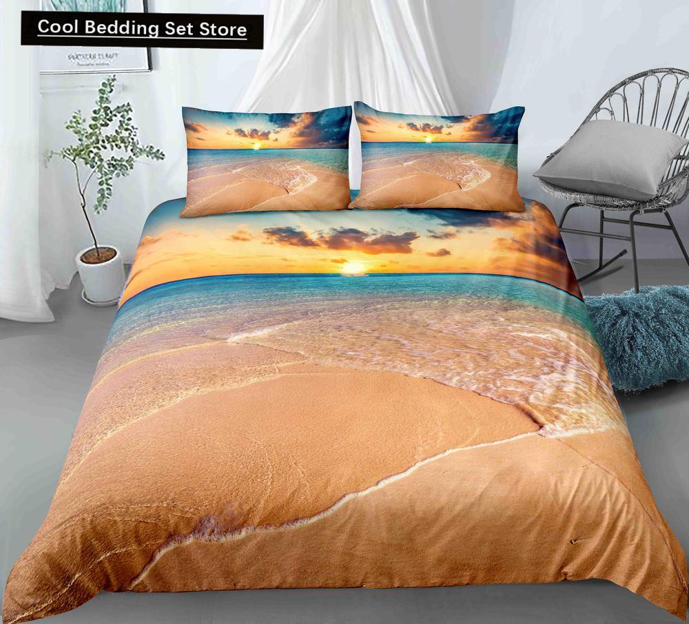 Blue Ocean King Queen Bettbezug Cartoon Seestern Muschel Bettwäscheset für Kind Teenager Erwachsene Meer Strand 2/3tlg. Polyester Bettdeckenbezug