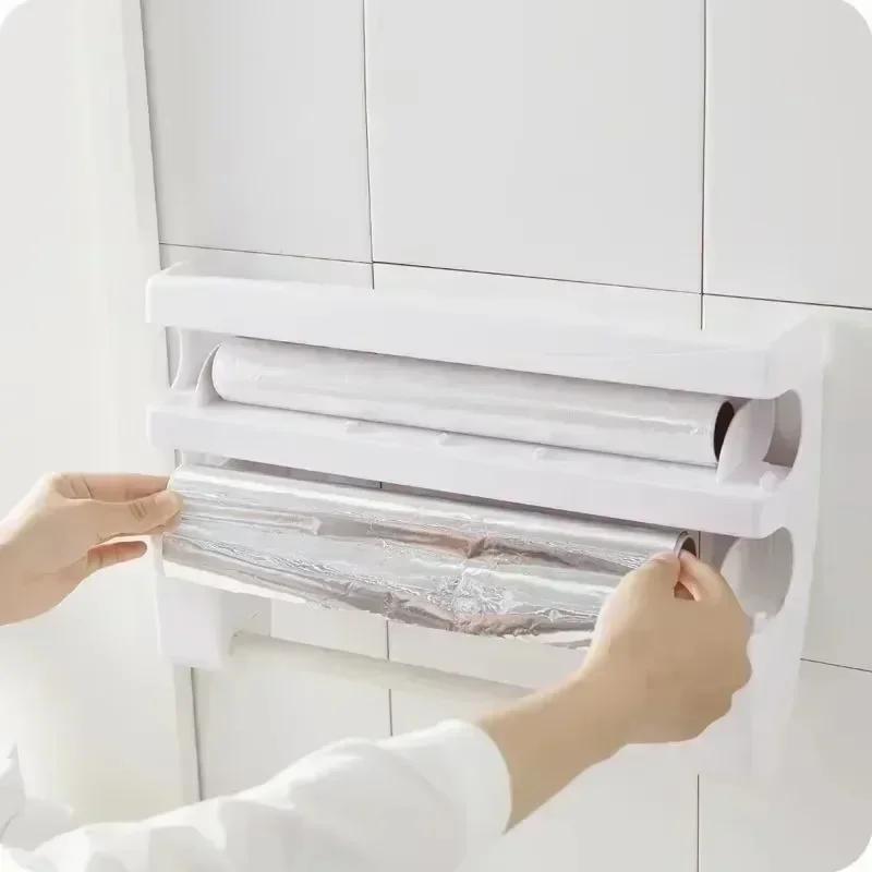 Kitchen Cling Film Tissue Holder Sliding Knife Cutter Aluminum Foil Barbecue Paper Cutting Box Household Towel Storage Racks