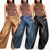 BN367 Women's Asymmetrical Wrap Waist Wide Leg Baggy Jeans Non-Stretch Washed Denim Palazzo Pants 2026 Spring