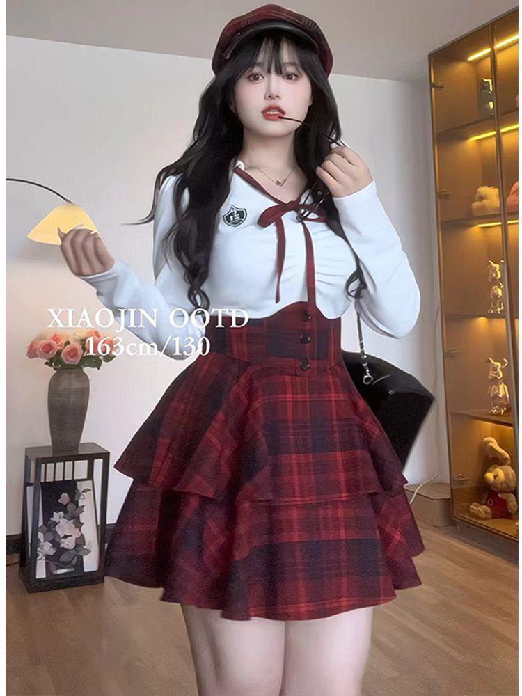 Plus Size Women's JK Style Uniform Set - Waist-Hugging Puffy Skirt & Slimming Shirt Top Duo