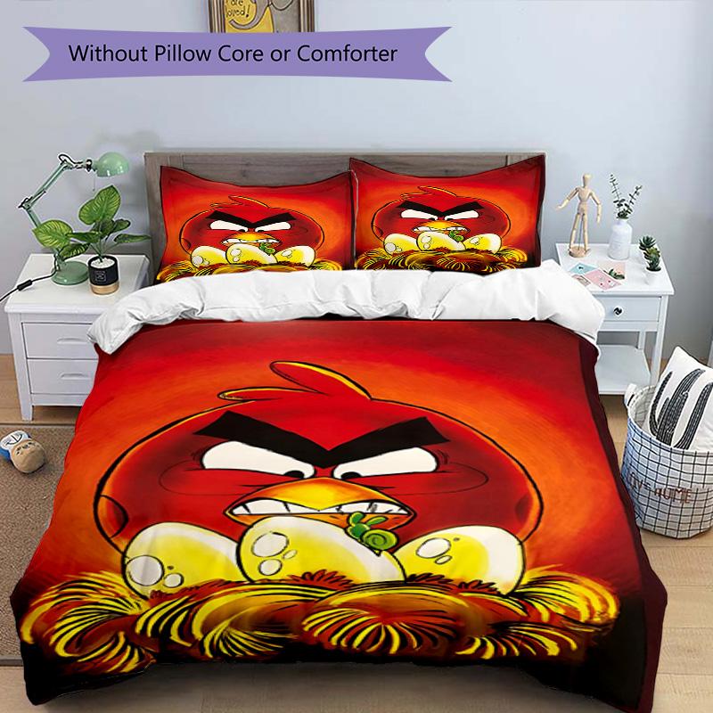 3pcs Duvet Cover Set (1*Duvet Cover + 2*Pillowcase, Without Core), Angry Birds Print Bedding Set, Bedroom Decor, All‑Season, Birthday Gift