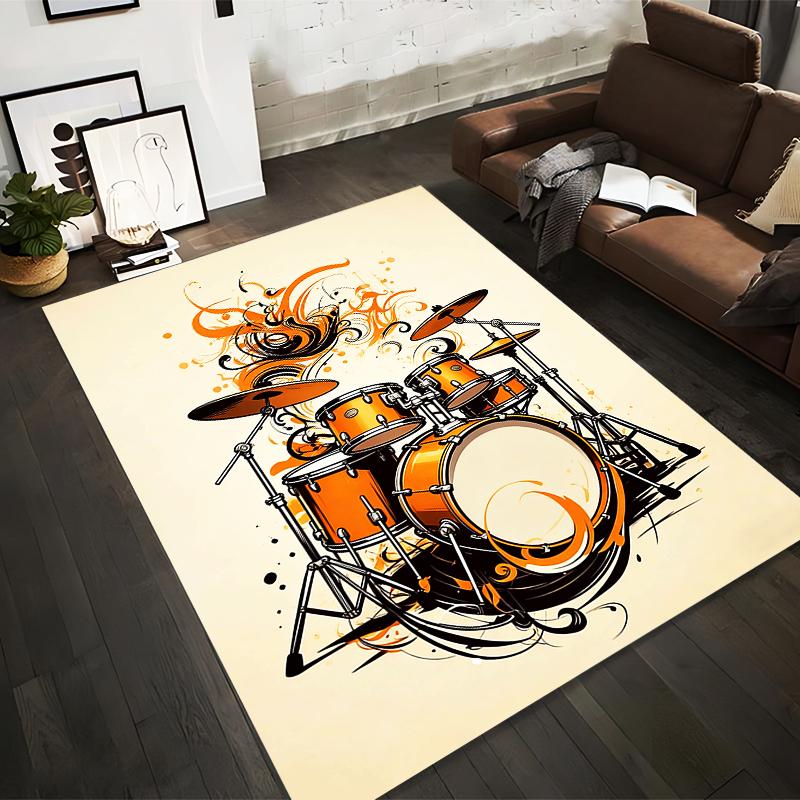 Stylish Drum Set Design Carpet with Orange and Black Patterns, Music Decor Suitable for use as an anti-slip for living room bedroom sofas