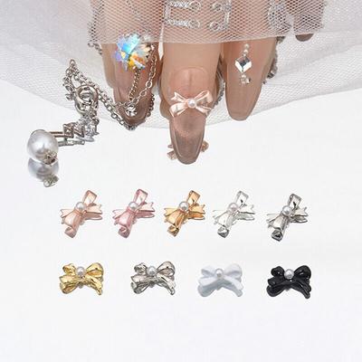 10 stücke Nagel Charms Kunst Band Teile Gold Silber Bogen Mit Perlen Schmuck DIY Dekoration