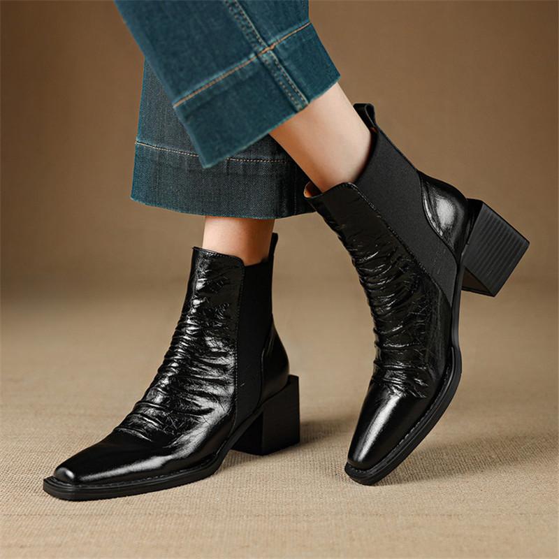 Fashion New Autumn/winter Genuine Leather Women Boot Square Toe Shoes for Women Fashion Boots High Heels Short Boots Black Handmade