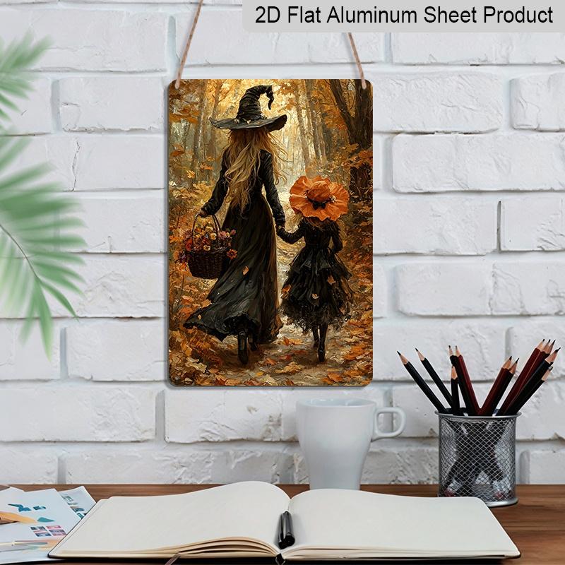 2D Flat Autumn Forest Mother and Little Witch Holding Hands Vintage Metal Sign‑8.0x12.0inch Aluminum Wall Art, Fall Halloween Farmhouse Porch Decor