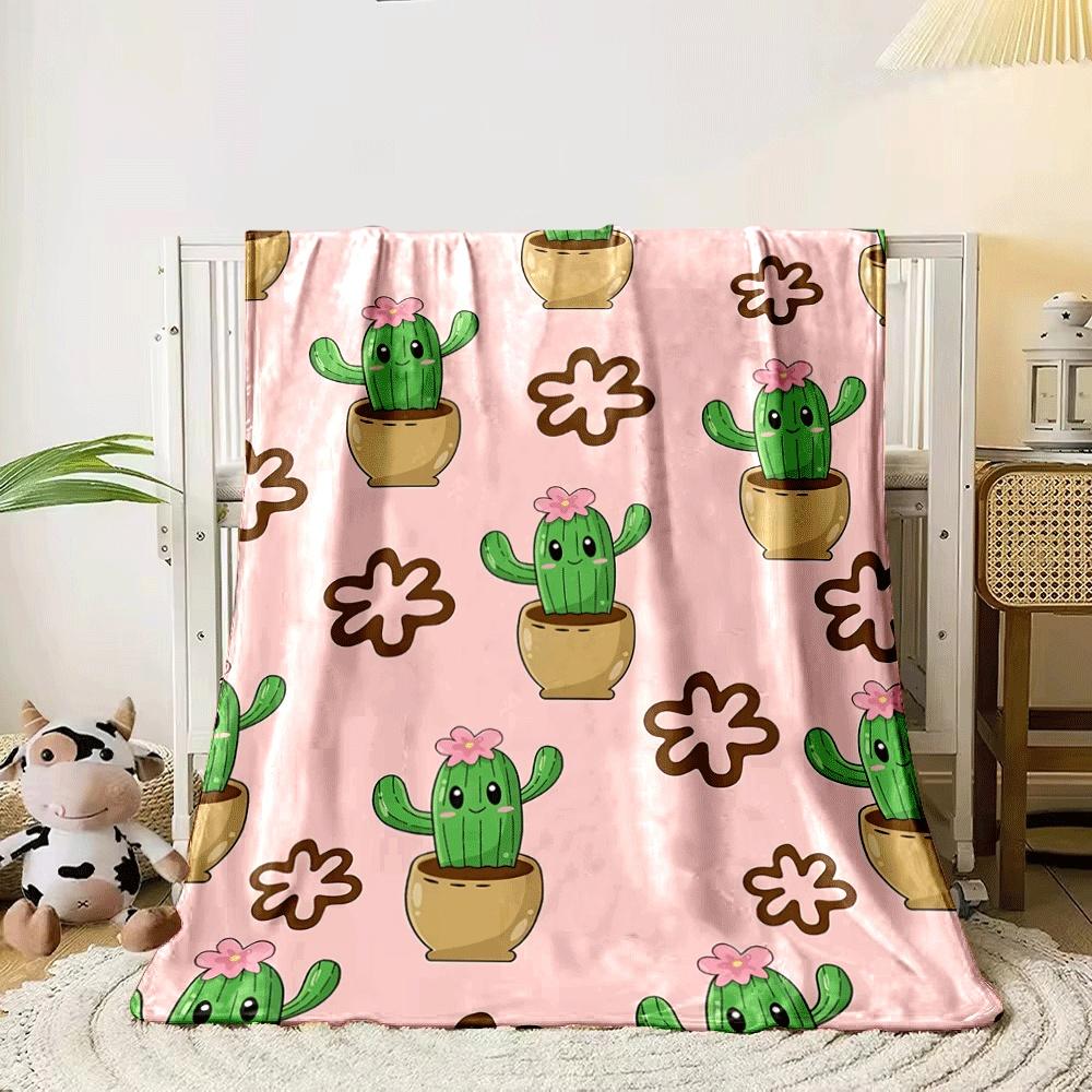Cute cacti with pink flowers and smiling faces on a pastel pink background. for all seasons blanket lunch break throw gift 80cm x 120cm