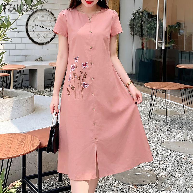 ZANZEA Women Casual Round Neck Short Sleeve Floral Print Dress