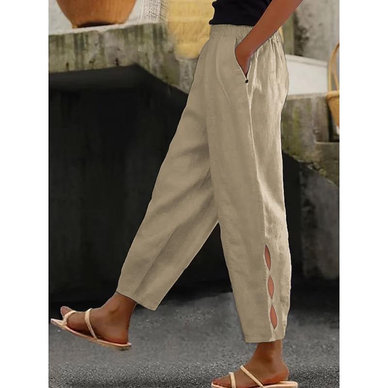 Fashion Casual Loose Hollow Out Women's Pants Cotton and Linen Loose Elegant New Solid Color Spring Autumn Short Trousers Office Basic Ladies Clothing