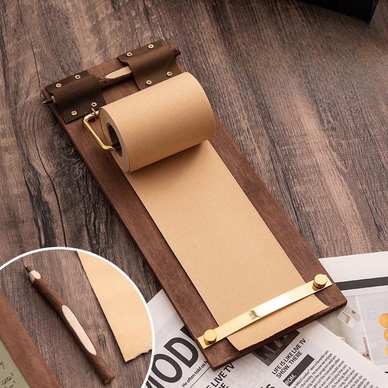Vintage Hanging Memo Clipboard, Roll Paper Blank Memo Pad, Wooden Message Board for Notes & Reminders Non-pasteable