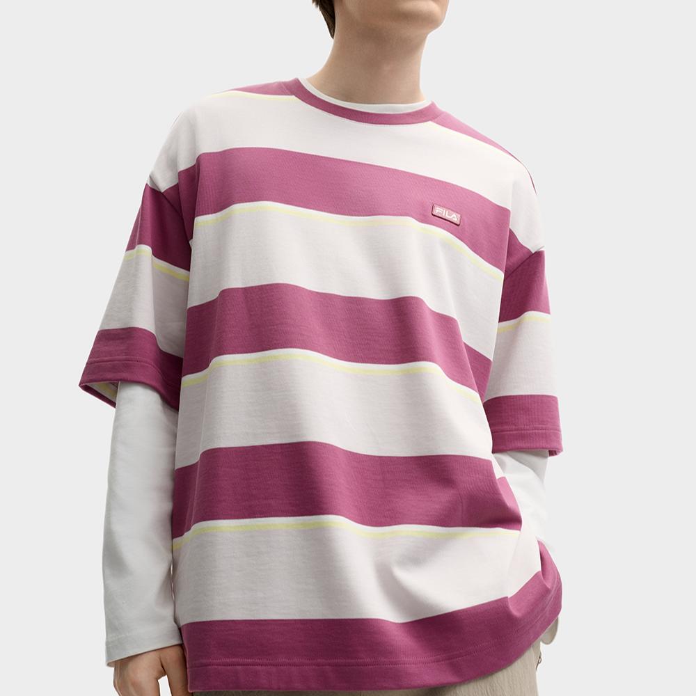 Fila Lifestyle Original Fashion Comfortable Loose Striped Color Block Design Short Sleeve T-Shirt Unisex Tops Brick-Red F51M529107F-WI