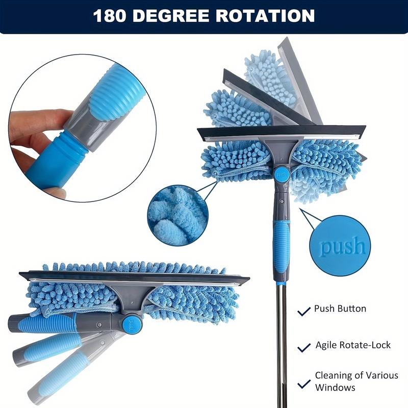 2-in-1 High Waist Window Cleaning with 10 Joint Extension Pole Stainless Steel Scraper and Squeegee Reusable Microfiber Cloth
