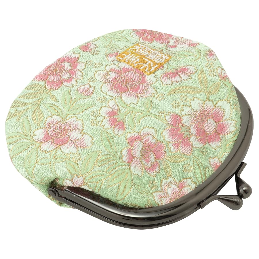 Senshishuin Nishijin Brocade Clasp 3.5-inch Round WalletCoin Purse (Lined) (Young Leaf Peony Cherry Blossom Design)