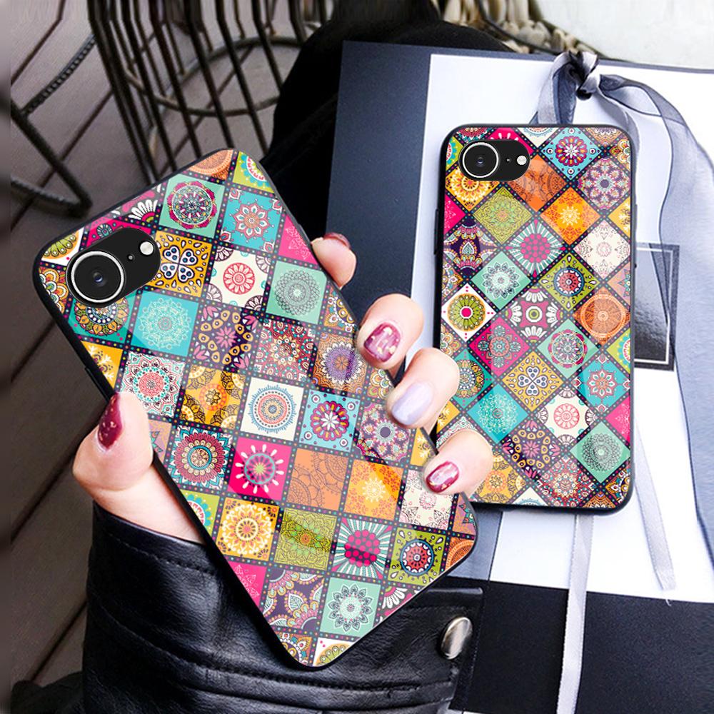 For iPhone 16e Case Kickstand Ethnic Pattern Tempered Glass Phone Cover with Strap