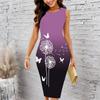Women Plus Size Crew Neck Sleeveless Midi Dress Gradient Purple Black Dandelion White Butterfly Print Bodycon Dress