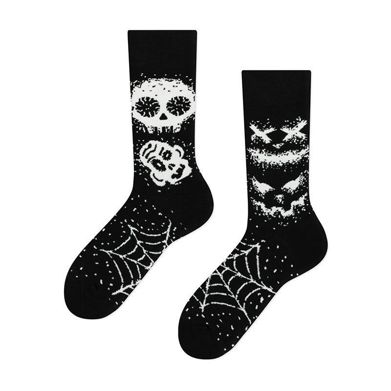 Trendy Asymmetric Mandarin Duck Cotton Socks - Skull Design, Medium-High Tube, for Couples