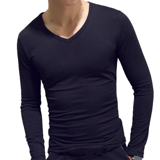 Men Shirt Solid Color Pullover Casual V Neck Long Sleeve Slim Autumn Base Shirt for Daily Wear