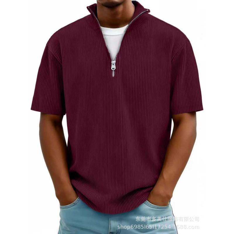 Summer New Men's Solid Color Zipper Striped Casual Short Sleeve T-Shirt