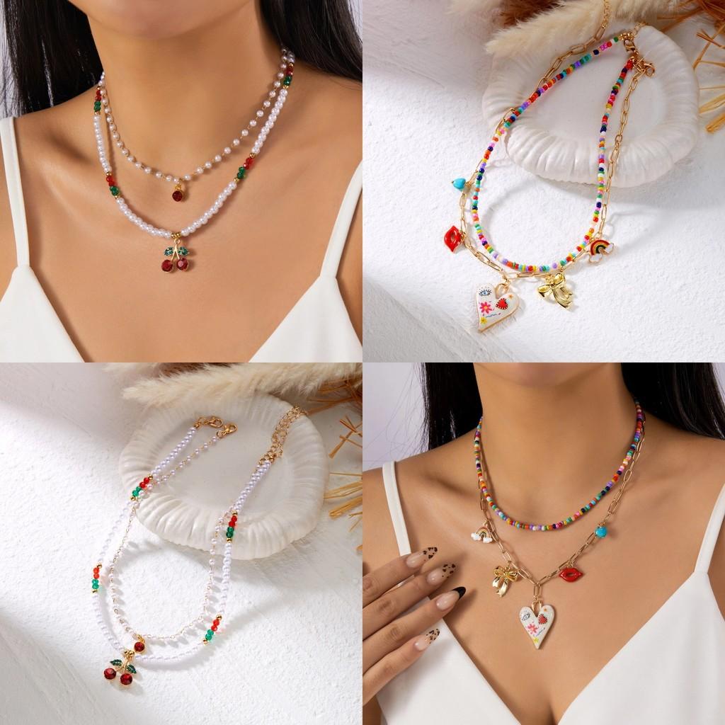 Romantic Heart Pearl Choker Necklace With Cherry And Strawberry Charms For Girls